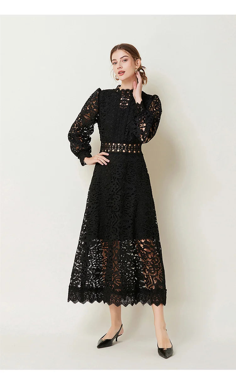 Solid Lace Holloe Out Slimming Elegant Dresses For Women Stand Collar Long Sleeve High Waist Minimalist Dress Female Fashion