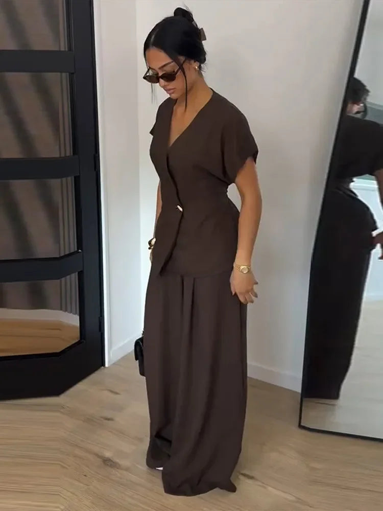 Elegant Button Top Pants Set Women Slim V-neck Short Sleeve One Button Tops High Waist Wide Leg Pant Two Piece Sets 2026 Summer