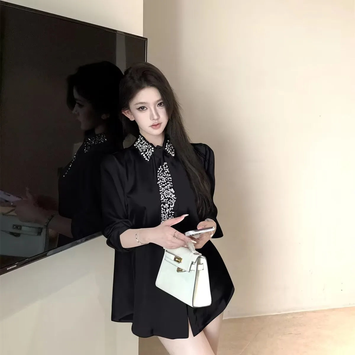 2025 Women's White Shirt New Spring Autumn Crystal Beading With Necktie Chiffon Shirt Female Blouses Ladies Tops Women Clothing