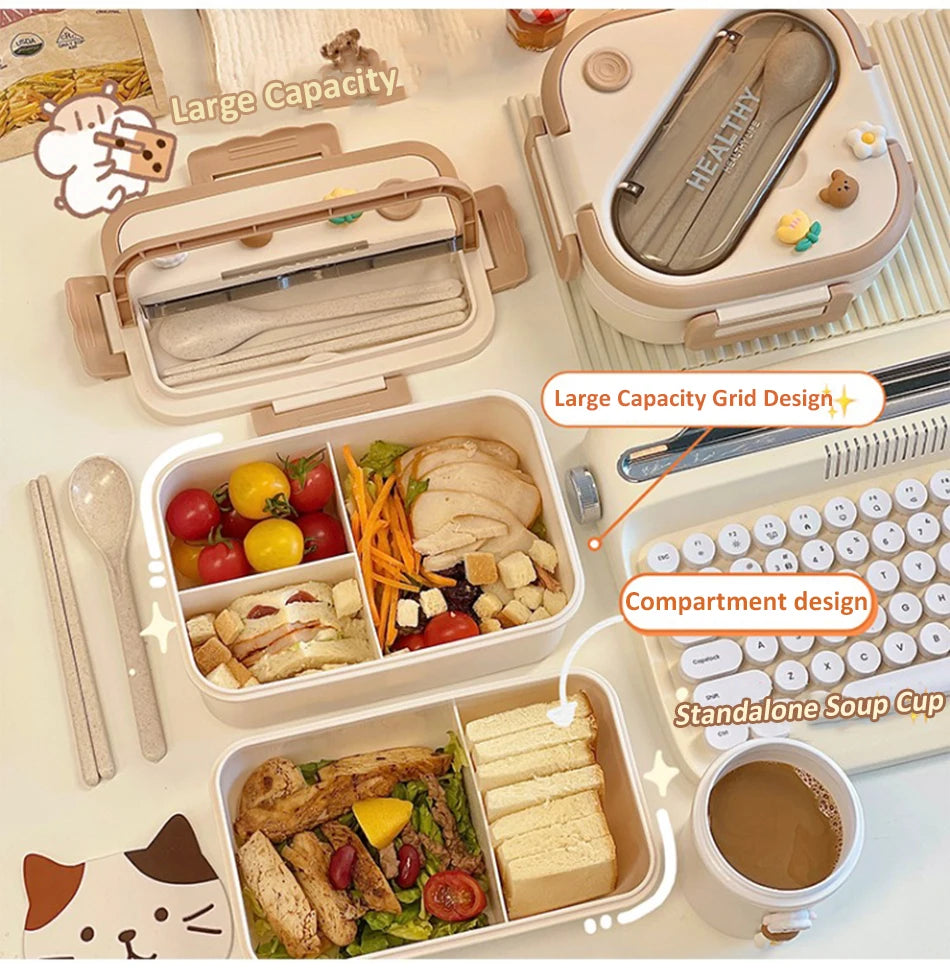 Simple Cute Portable Lunch Box With Compartment For Girls School Kids Plastic Picnic Bento Box Microwave Food Storage Containers
