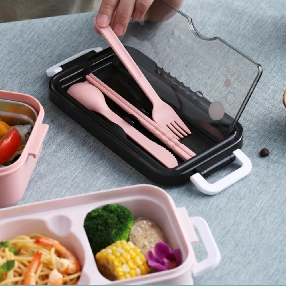 Double-layer Lunch Box 1pc Portable Compartment Food Box Microwave Lunch Box With Fork Chopsticks And Spoon for School Office