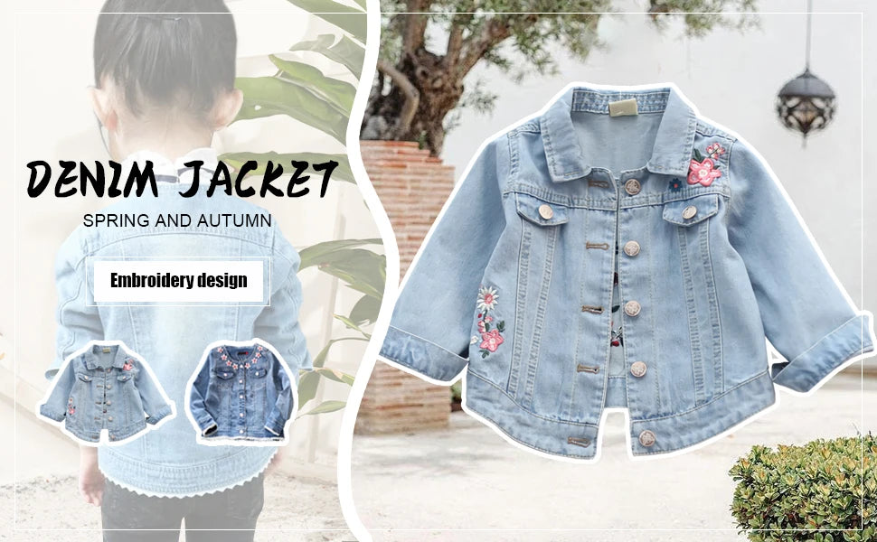 Girls Denim Jacket,Children's Cowboy Coat,Transition Jacket with Embroidered,Denim Coat,Outdoor Jeans Jacket for Spring Autumn