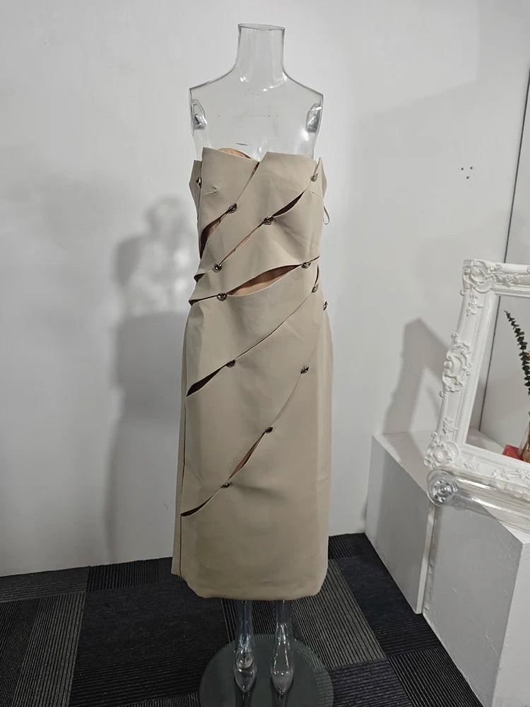 DEAT Elegant Dress Strapless Hollow Out Patchwork Hip Warp Long Women's Evening Party Dresses 2026 Spring New Fashion 35Z4149