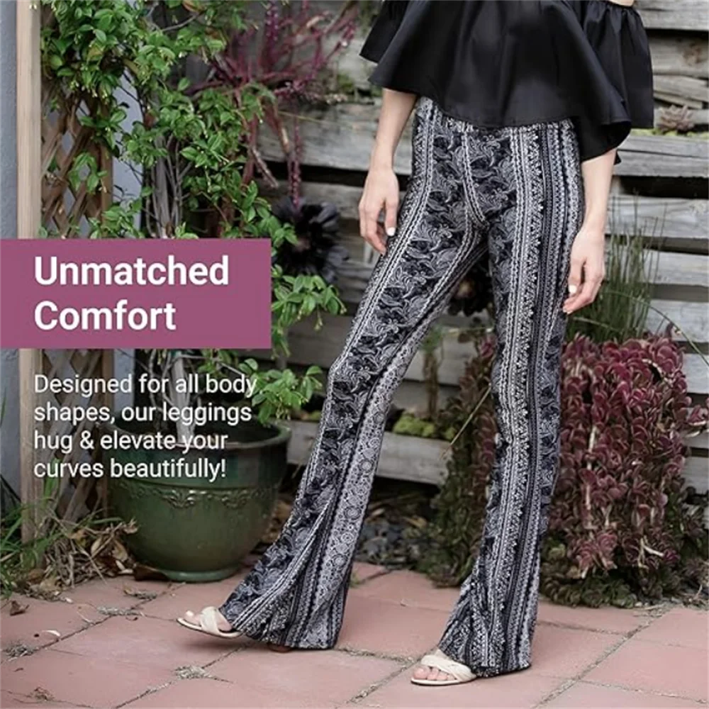 Flare Print Leggings Bell Bottom Palazzo Pants for Women Buttery Soft High Waisted High Waist Ethnic Paisley Bootcut Tall Long
