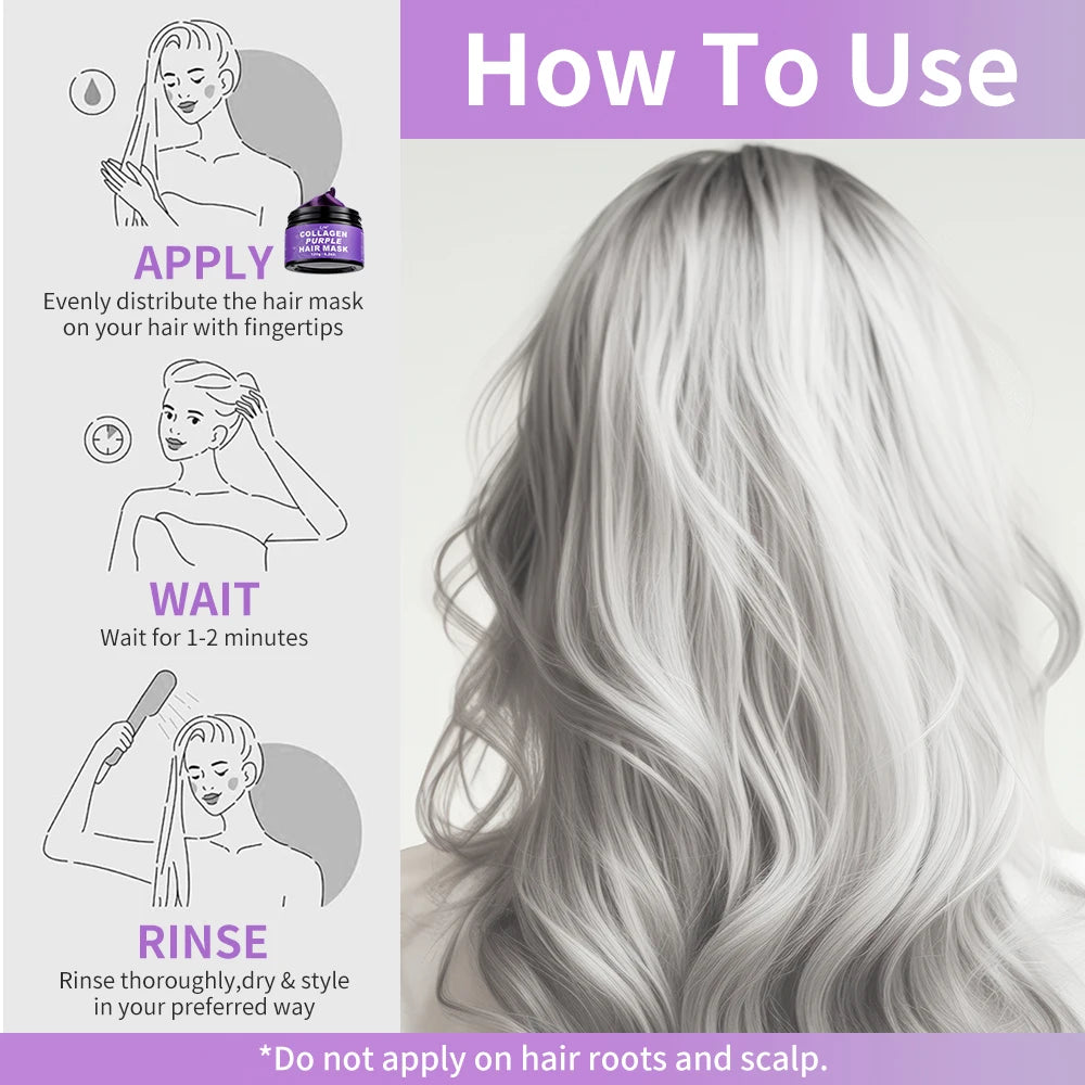 Keratin Purple Hair Mask,Deeply Hydrating Purple Color Depositing Shampoo for Blondes,Bleached&Grey Hair Enhances Shine&Brightn