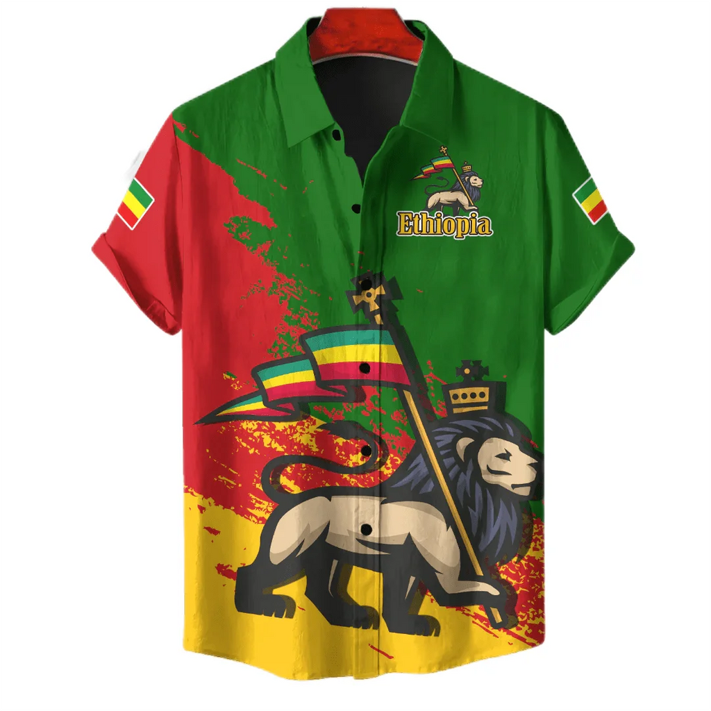Ethiopia Africa County Flag Map Short Sleeve Shirts For Men Clothes Orthodox Tee National Emblem Graphic Blouses Hawaii Boy Tops