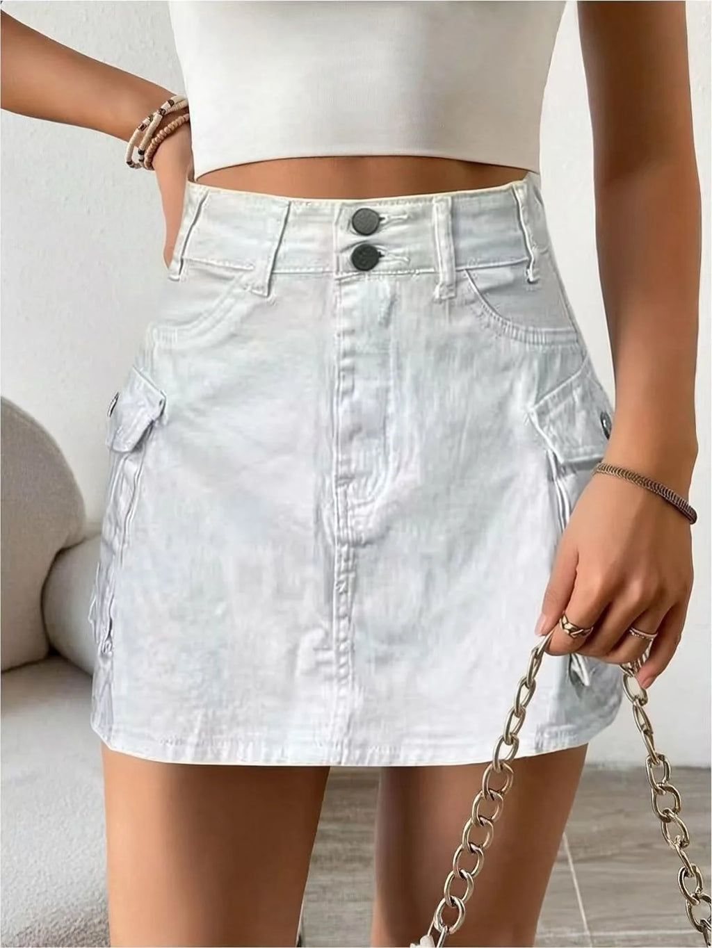 Sexy Women High Waist Cargo Denim Mini Skirt Double Button Multi Pocket A Line Short Skirt Y2K Streetwear Casual Jean Dress