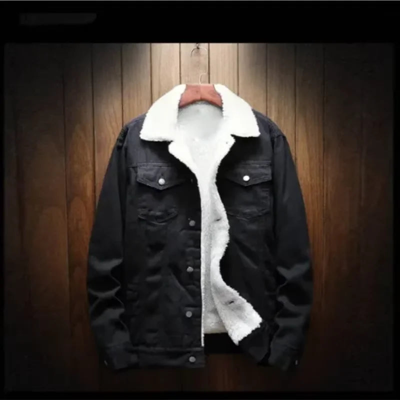 Streetwear Men Winter Jacket Denim Inner Fleece Thicken Winter Jeans Jacket Coat Men's Turn-down Velvet Jacket Mens Fur Parkas