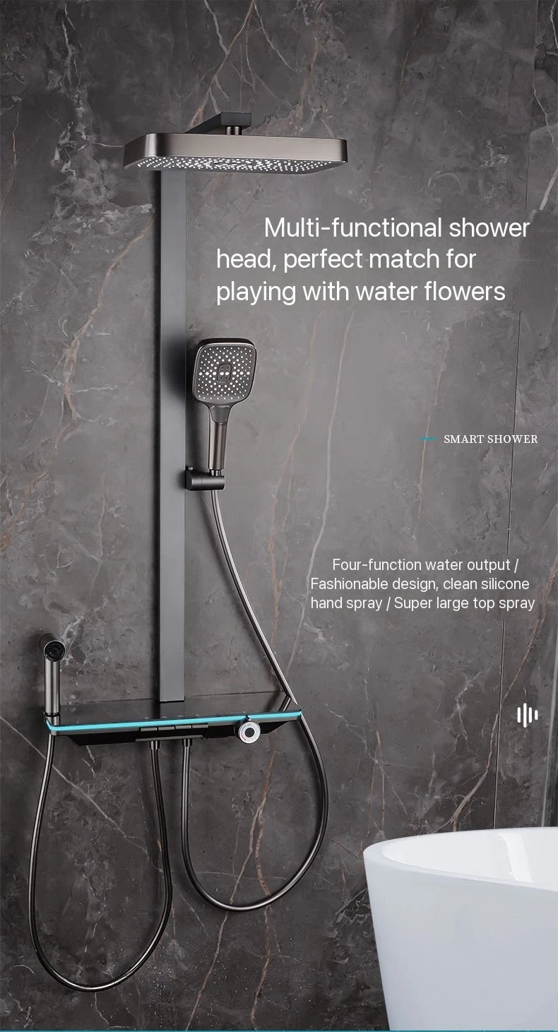 Gray Piano Button Ambient Light Bathroom Shower Full Set Digital Display Shower System Sets Rain Faucets Shower Head