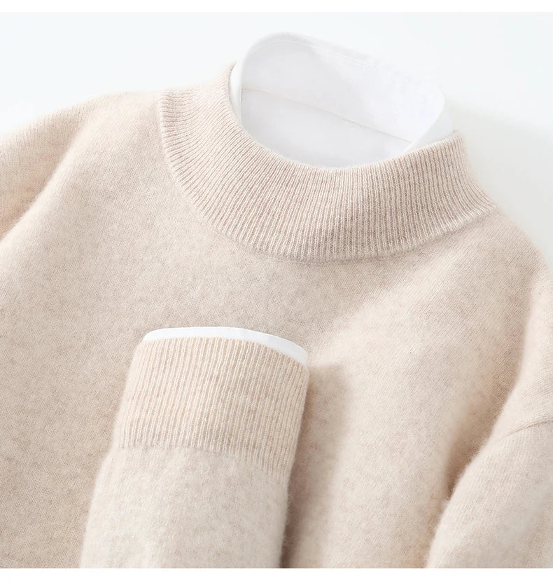 Autumn/Winter Men's 100% Pure Cashmere Pullover Business Casual Solid Knitted Sweater Loose Half High Neck Tops Thick Jumper