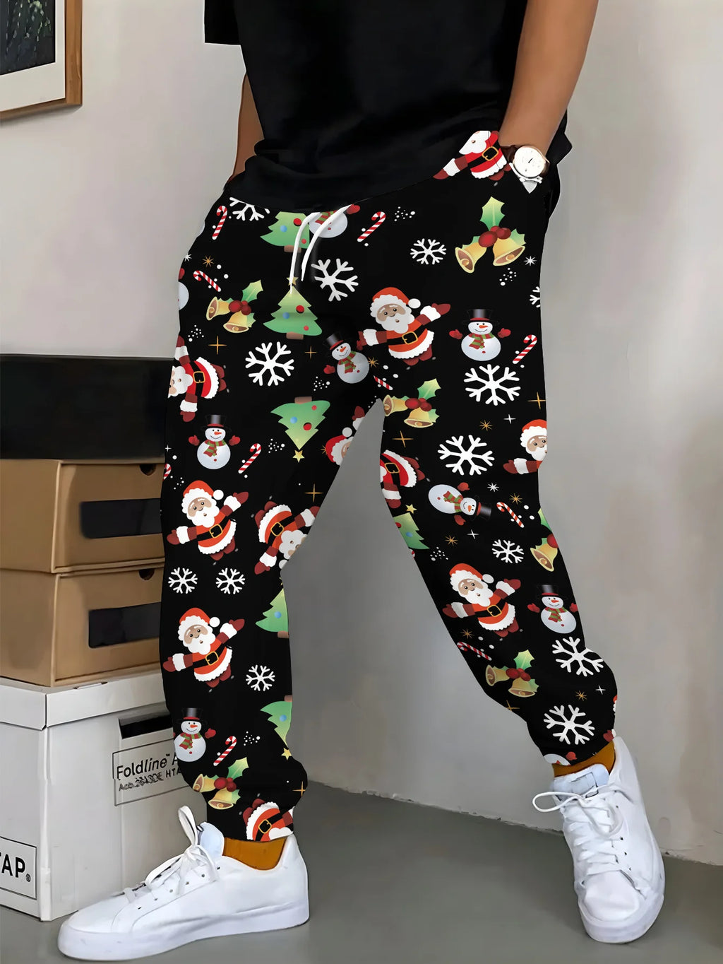 Men'S Christmas Pants with Santa, Reindeer & Tree Print - Red & White Holiday Trousers for Christmas Party, Everyday Winter Wear