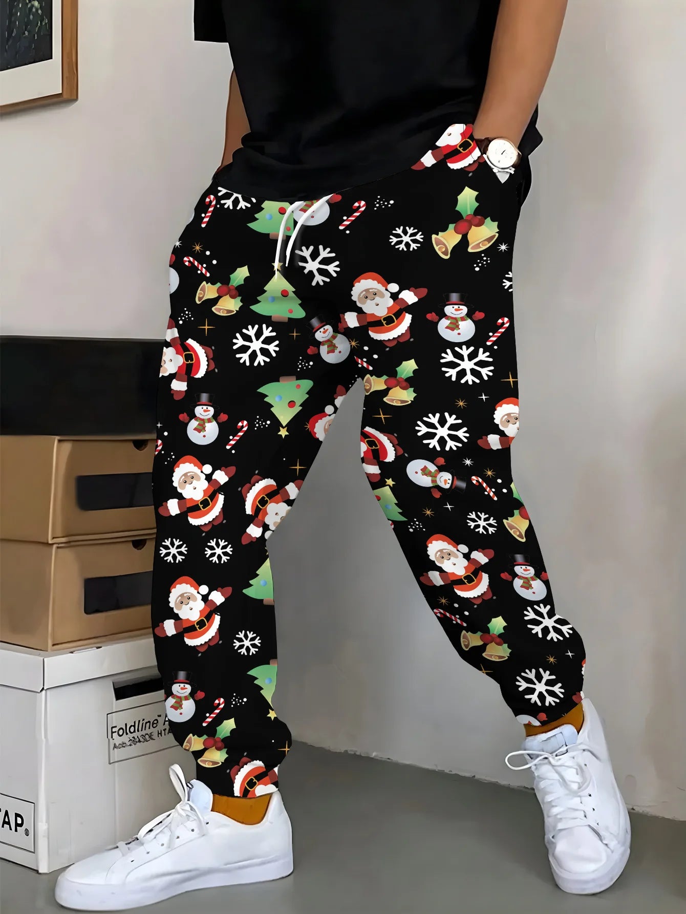 Men'S Christmas Pants with Santa, Reindeer & Tree Print - Red & White Holiday Trousers for Christmas Party, Everyday Winter Wear