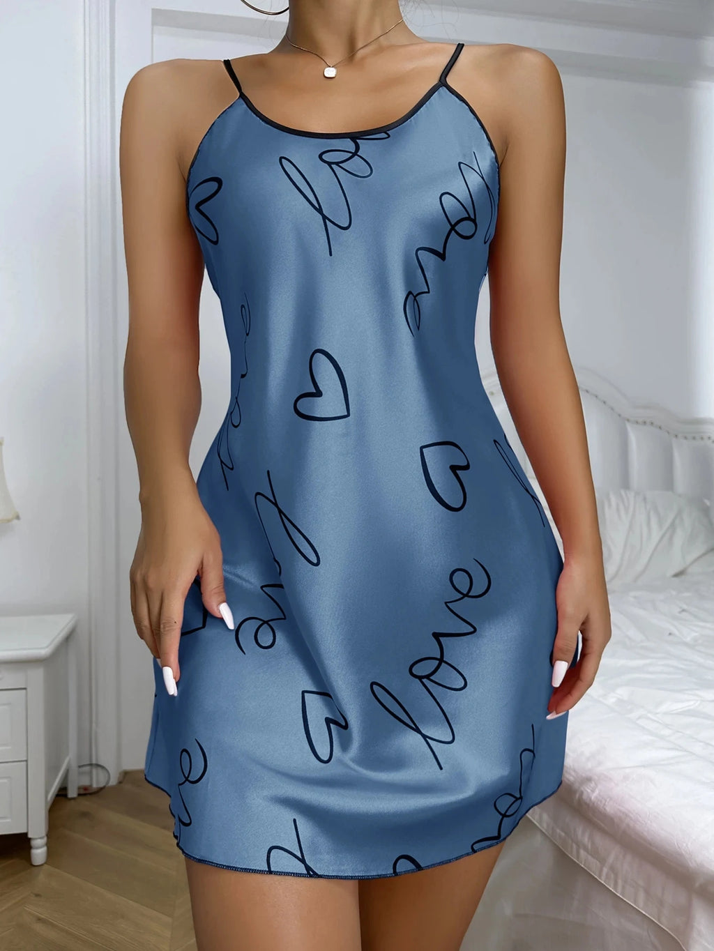 Heart Letter Print Nightdress Casual Round Neck Spaghetti Strap Sleep Dress Women's Sleepwear Dresses