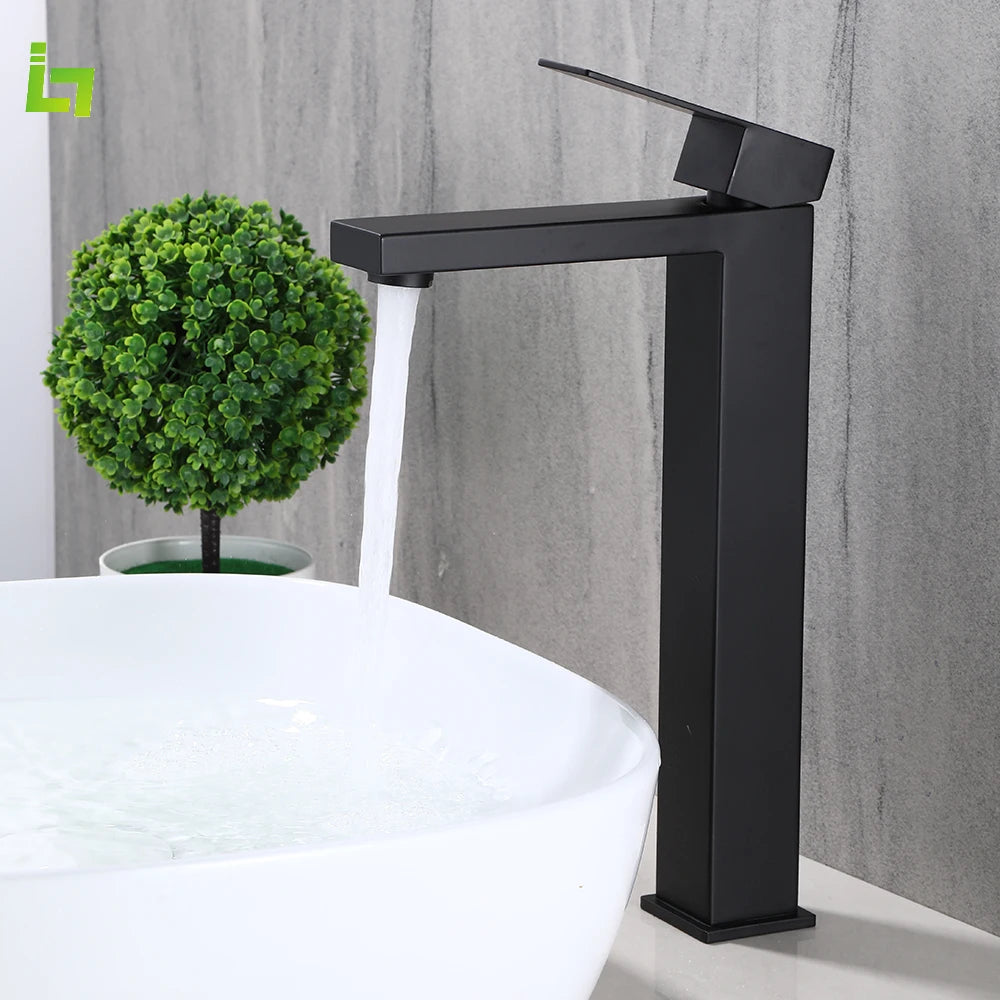 Matte Black  Bathroom Faucet Deck Mount 304 Stainless Steel  Cold and Hot Black  Square Sink Tap Short and Tall