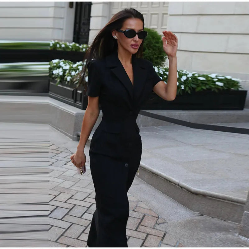 Fashion Lapel Short Sleeve Dress Women's Solid Color Single Breasted Slit Midi Dresses 2026 Summer New Lady Elegant Office Wear