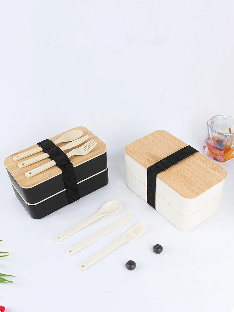 1200ML Divided Lunch Box Picnic Microwave Wooden Cover Japanese Bento Box Portable Double Layer Food Container for Kids