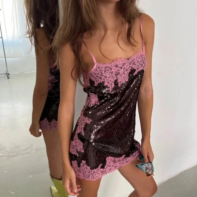 Sexy Sequin Lace Trim Patchwork Short Dress Women V Neck Sleeveless High Waist Mini Sling Dresses 2026 Summer Vacation Lady Robe