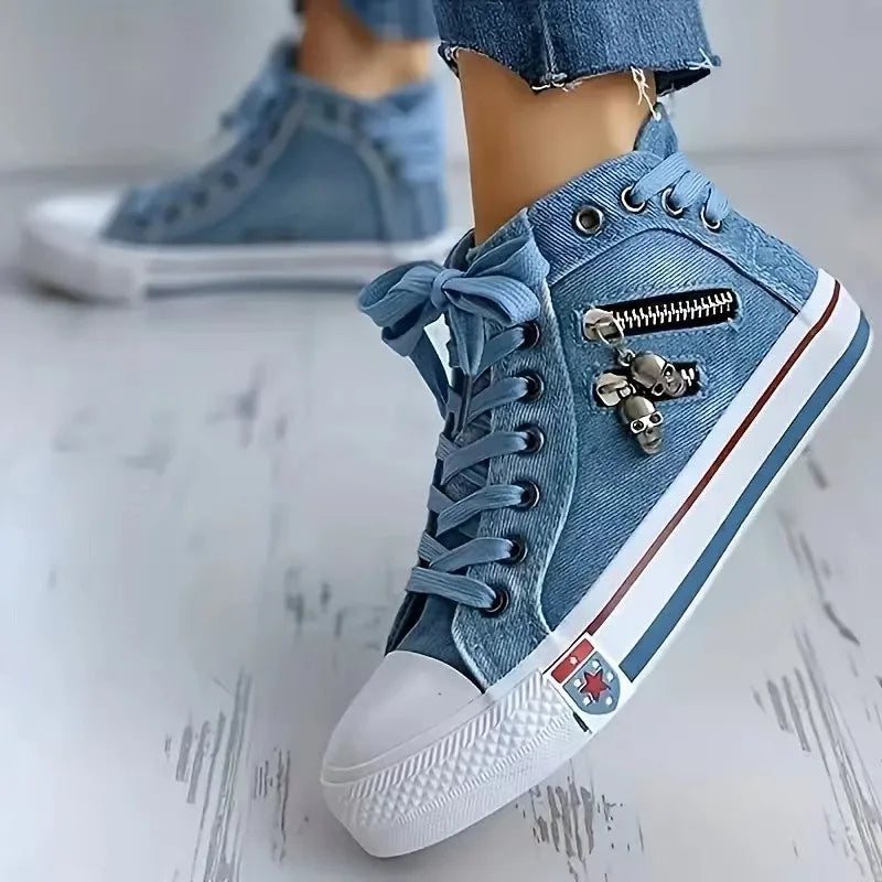 Denim Canvas Sneakers Women Slip On Light Blue Retro Skull Platform High Top Sneakers Ladies 2025 Spring Vulcanized Shoes Woman