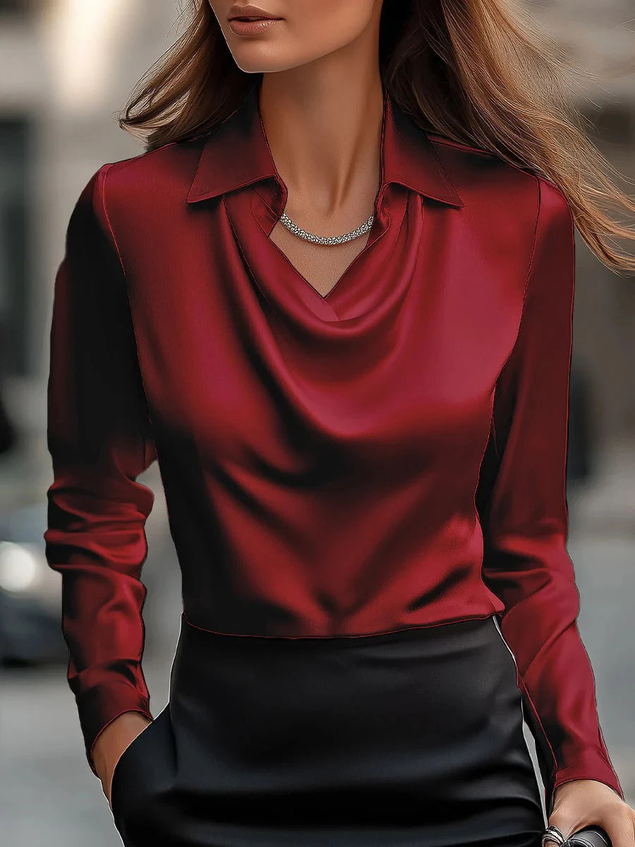 Women Long Sleeve Lapel V Neck Satin Blouse Elegant Solid Loose Shirt Spring Summer Simple Chic Offce Lady Tops Fake Silk Shirt