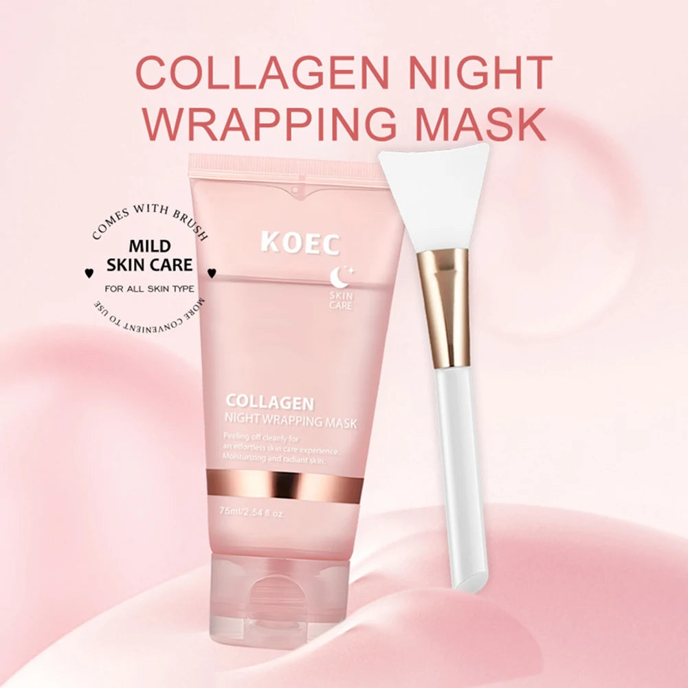 75ml Collagen Sleeping Mask,Collagen Overnight Wrapping Peel Off Facial Mask Deep Nourishing Refines Pores Mask With Brush