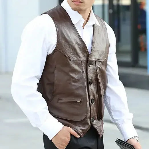 2024 Men Spring Autumn New Genuine Leather Motorcycle Vest Mens Real Cowhide Leather Waistcoat Male V-neck Sleeveless Coat D412