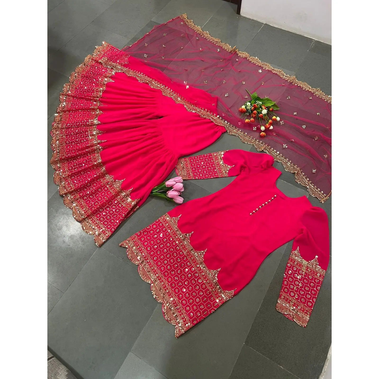 Women's Fancy Party Wear Top Bottom with Embroidered Dupatta Sequence Work Set