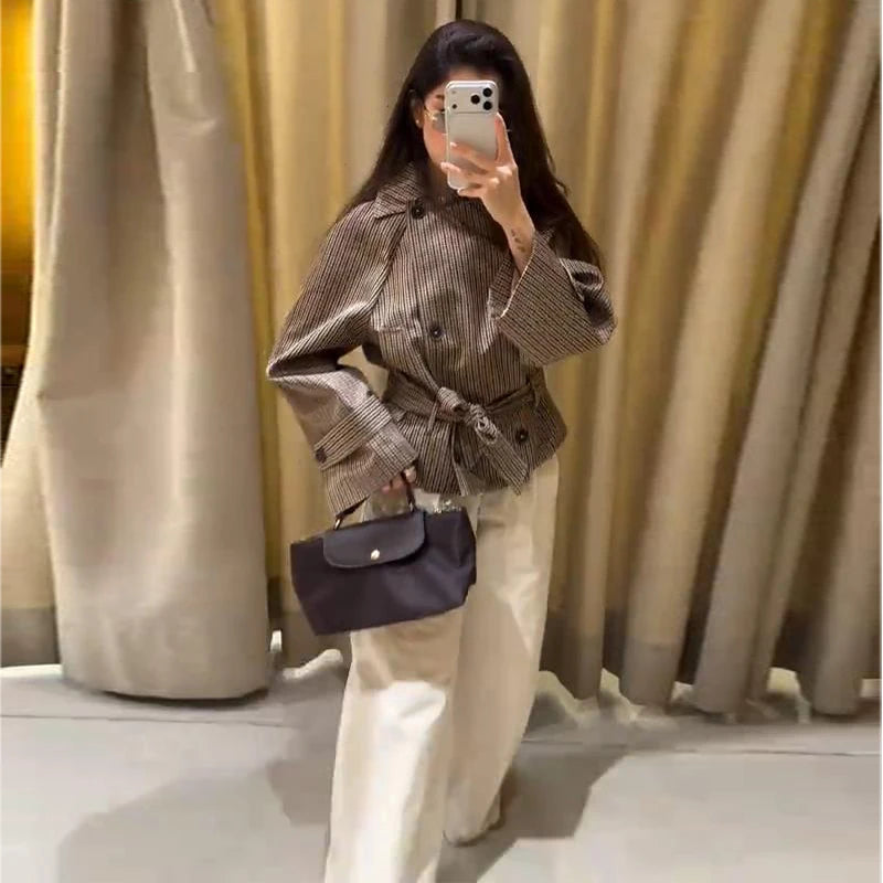 Loose Plaid Lace Up Jacket Women Vintage Double Breasted Full Sleeve Lapel Belts Jackets Female 2026 Autumn Outwear Lady
