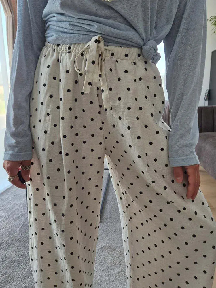 Polka Dot Cotton Linen Pants White Women Wide Leg Summer Spring Baggy Trousers For Woman High  Waist Linen Loose Pants Women