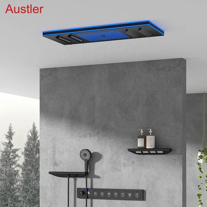 Ceiling Embedded LED Music Shower Head 7 Functions In-Wall Mount Brass Thermostatic Shower Faucet Set