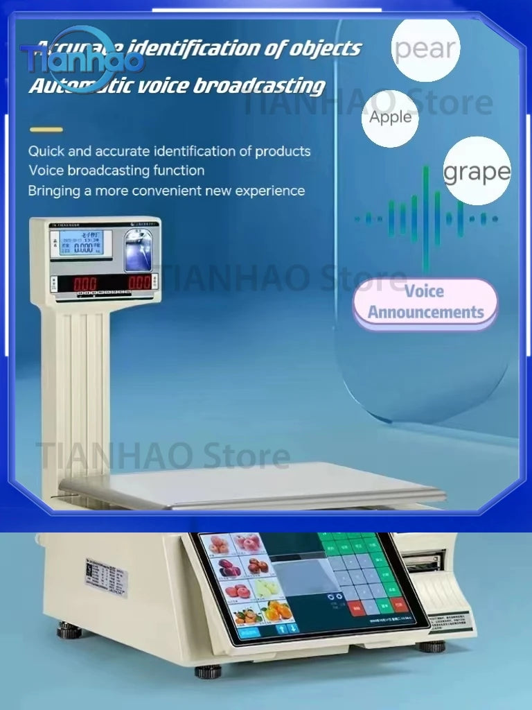 Dual Touch Screen Long Fly Label Scale Digital Weighing POS Terminal Android AI Identify Label Scale for Supermarket