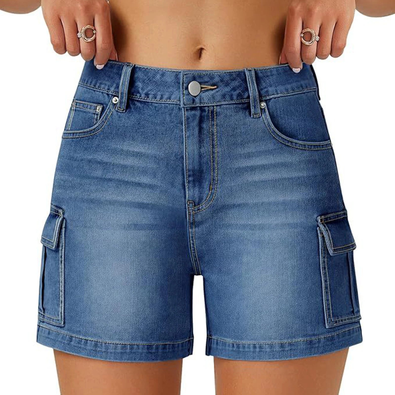 Solid Color Women's Denim Shorts Summer Wear High Waist Slim Cargo Jeans Bottoms Daily Use Soft Comfy Stretch Ladies Casual Pant