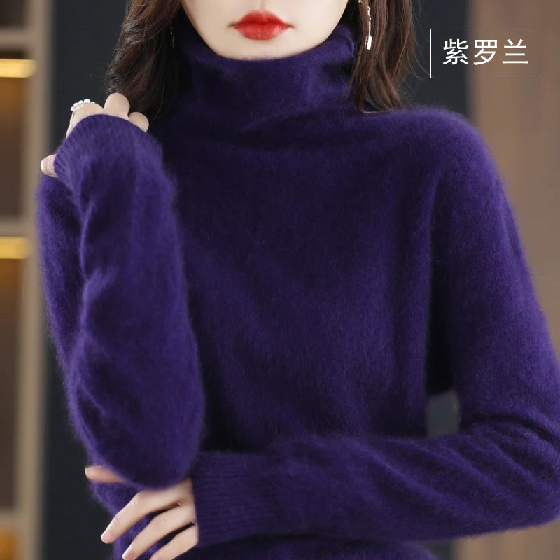 Women's Pile Collar 100% Mink Cashmere Sweater Winter High Collar Knitted Pullover Casual Short Thick Tops Loose Warm Base Shirt