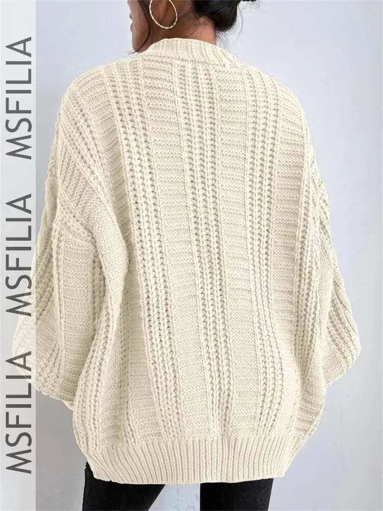 Msfilia Women's Fall/Winter Solid Color Cable Knit V-Neck Cardigan, Balloon Sleeve Loose Single Breasted Sweater Coat