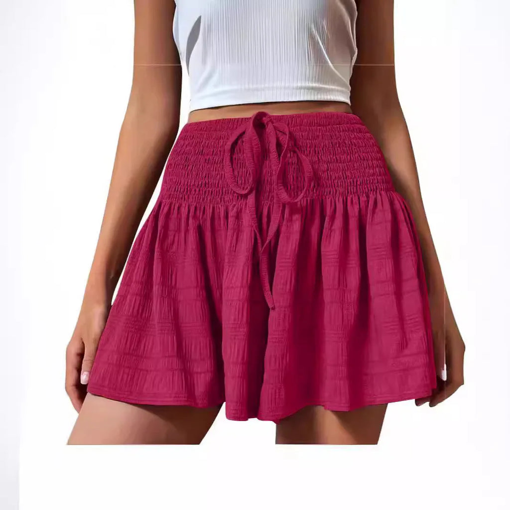 Women Casual High Waist Shorts Skirt Smocked Elastic Drawstring A-Line Flowy Short Skirt Pants Summer Solid Color Beach Skorts