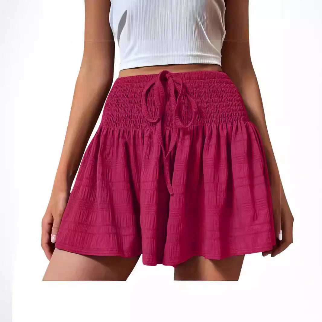 Women Casual High Waist Shorts Skirt Smocked Elastic Drawstring A-Line Flowy Short Skirt Pants Summer Solid Color Beach Skorts