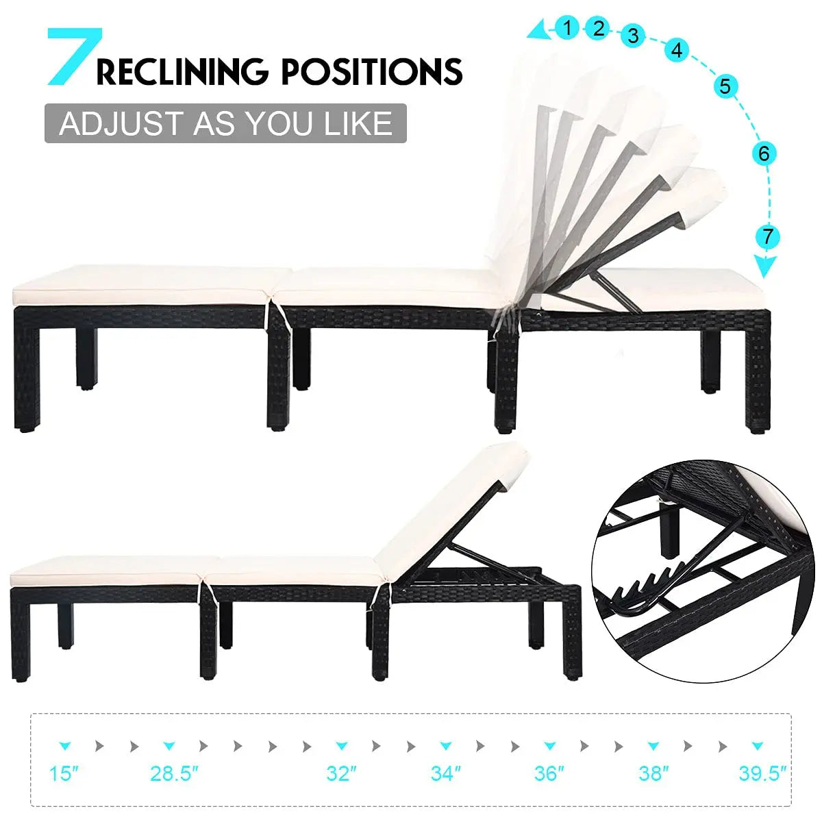 Height Adjustable Cushioned Rattan Patio Chaise Lounge For Pool & Garden, Custom