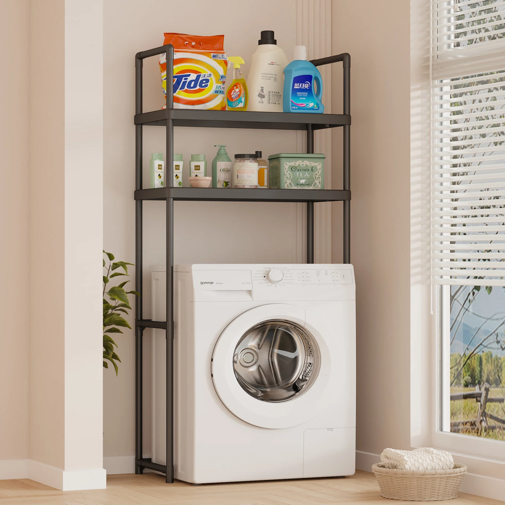 2-3 Tier Expandable Bathroom Storage Rack, Washing Machine Storage Rack Storage Rack Above the Toilet, Easy Installation Without Drilling, Built-In Detachable Storage Rack for Bathroom Essentials, Black Steel Freestanding Sto
