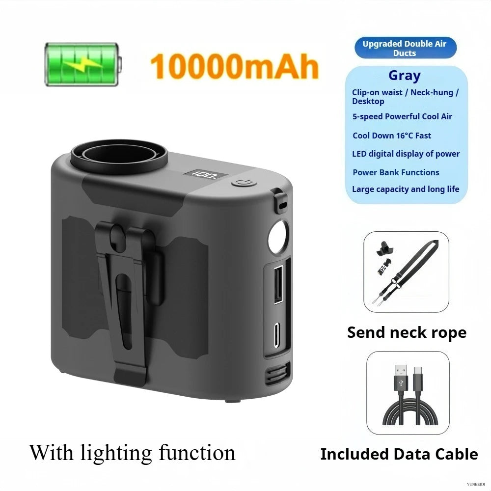 Portable Waist Clip Fan Mini USB Charging Hanging Fan with LED Flashlight Outdoor Single/dual Air Outlet Fan 20000/10000Mah F6/7