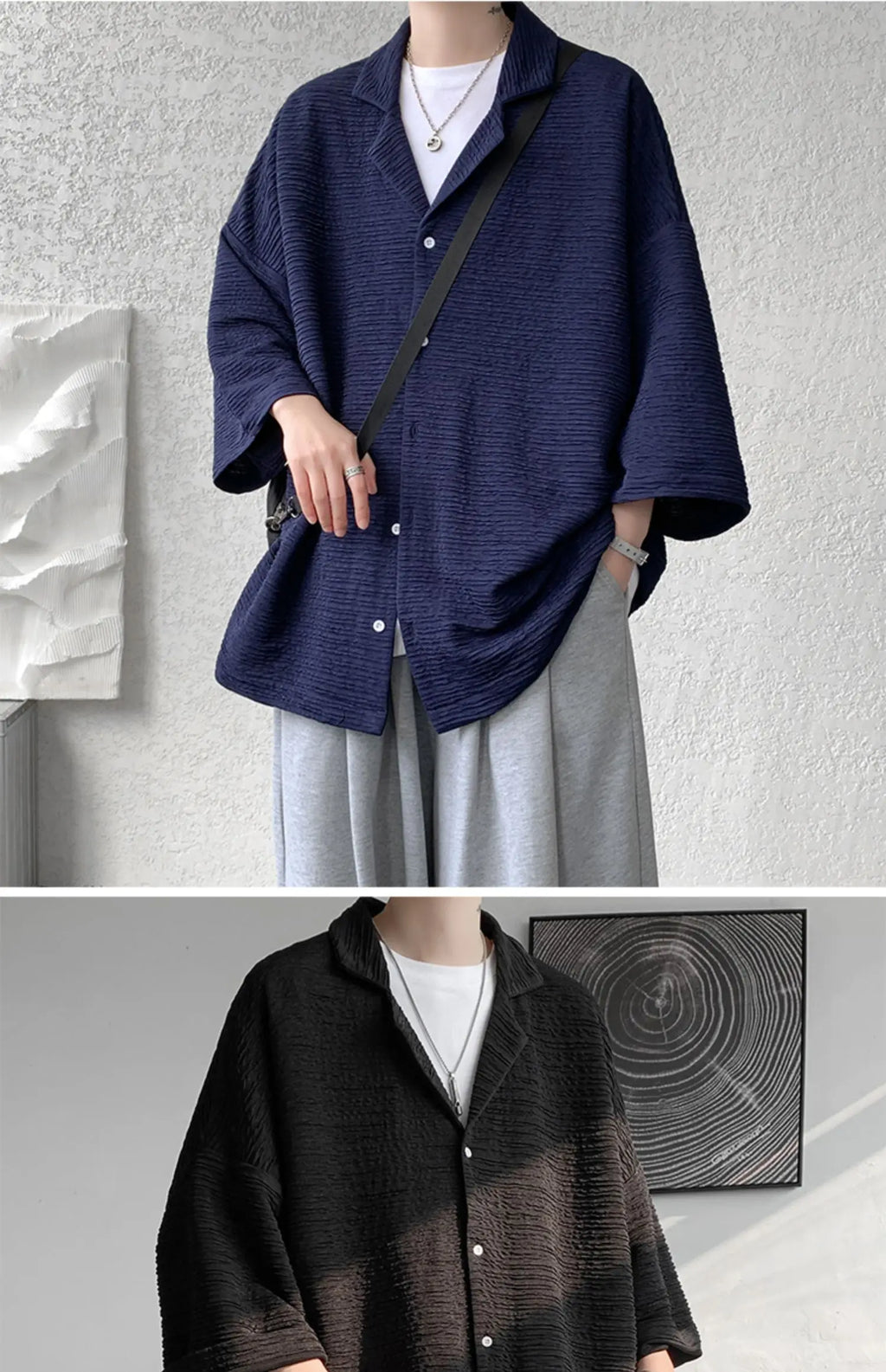 LEGIBLE Spring Summer Solid Shirts Men Casual Oversized Three Quarter Shirts Male Loose Fit Shirt for Man