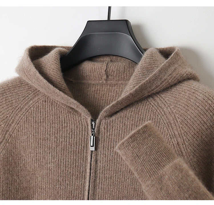 Autumn and Winter 100% Pure Cashmere Cardigan Men's Hoodie Zipper Thick Sweater Loose Plus Size Wool Knitted Sweater Coat