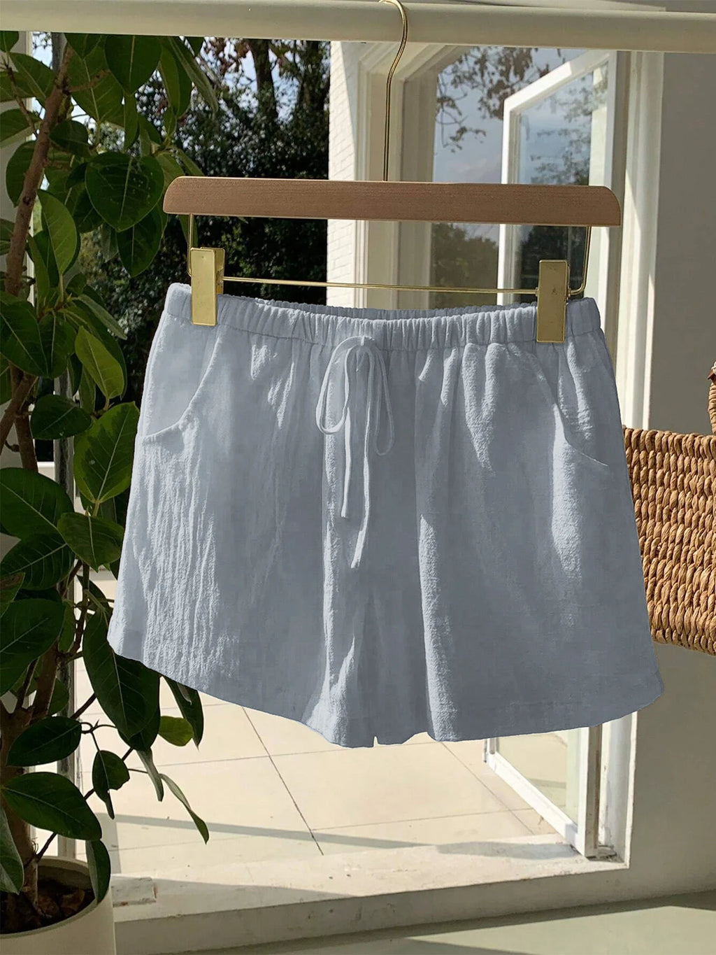 Ladies New Spring Summer Linen Solid Color Casual Sports Elastic Waist Drawstring Short Pants
