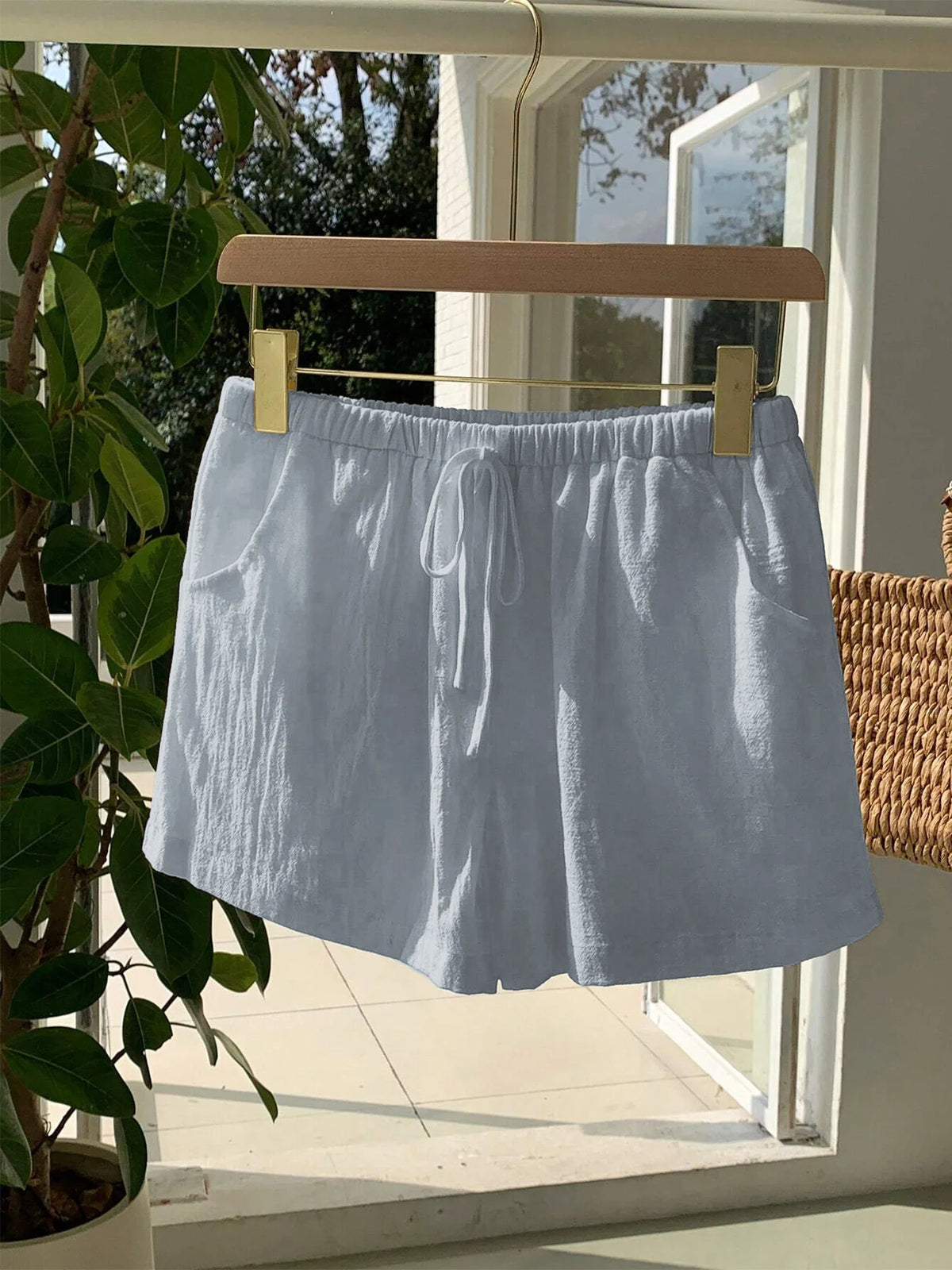 Ladies New Spring Summer Linen Solid Color Casual Sports Elastic Waist Drawstring Short Pants
