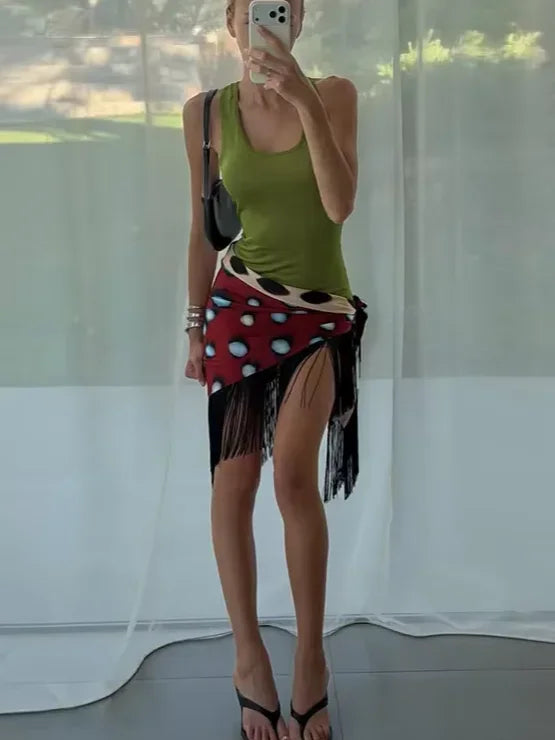 Bohemian Contrast Polka Dot Wrap Skirt Women Vintage Tie Waist Lace Up Chiffon Midi Skirts Coffee Dating Night Out Wear 2026 New
