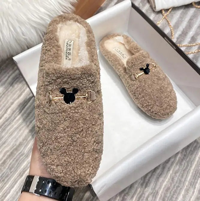 Winter Warm Plush Mules Women One Band Fur Slippers Cozy Cotton Shoes Woman Flats Cover Toe Fleeces Slides Femme Wool Pantuflas