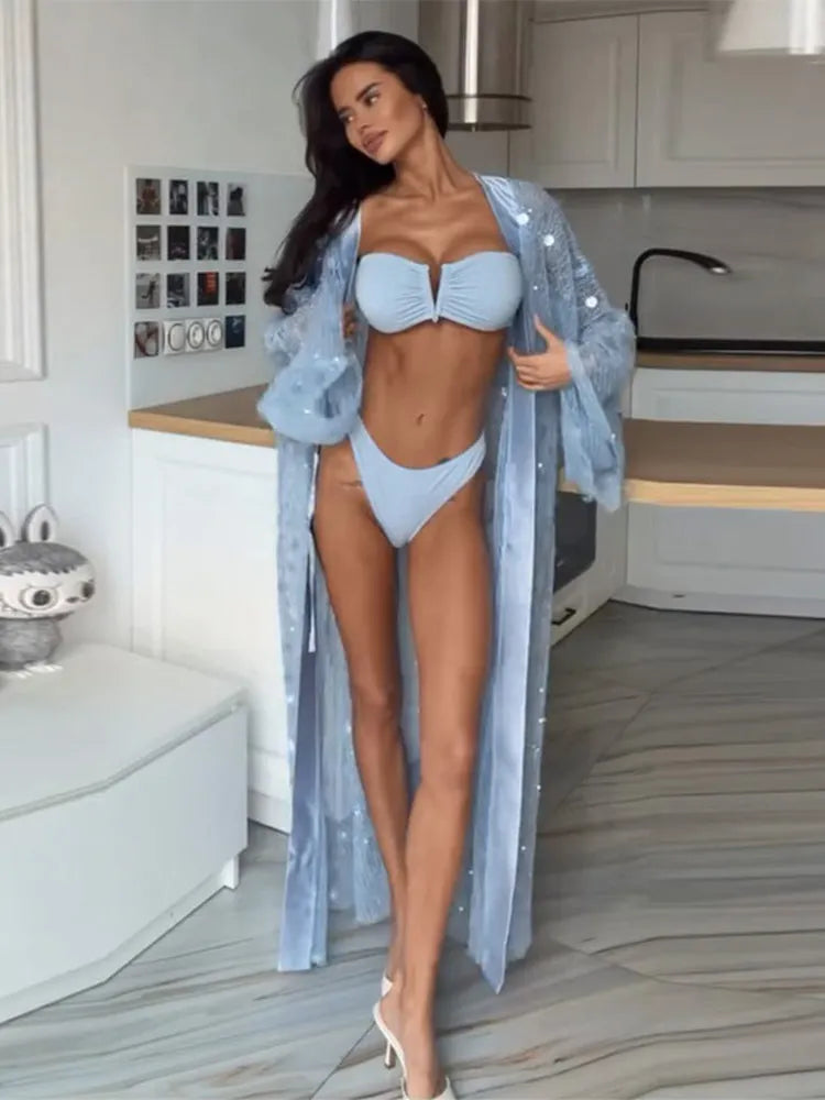 Sequined Hollow Out Long Dress Women Sexy V-neck Full Sleeve Mesh Patchwork Lace Up Cardigan Party Evening Dresses New Beachwear