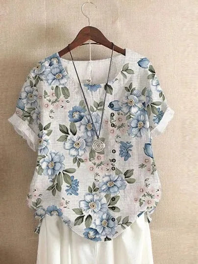 2025 Summer retro fashion printed loose casual shirt top, suitable for casual or vacation ladies' beachwear