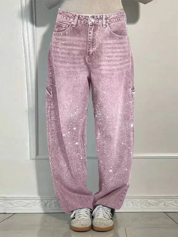 Shiny Rhinestone Baggy Women's Wide Leg Jeans Full Diamond Wide Leg Dragging Denim Pants Vintage Washed Pants Casual Trousers