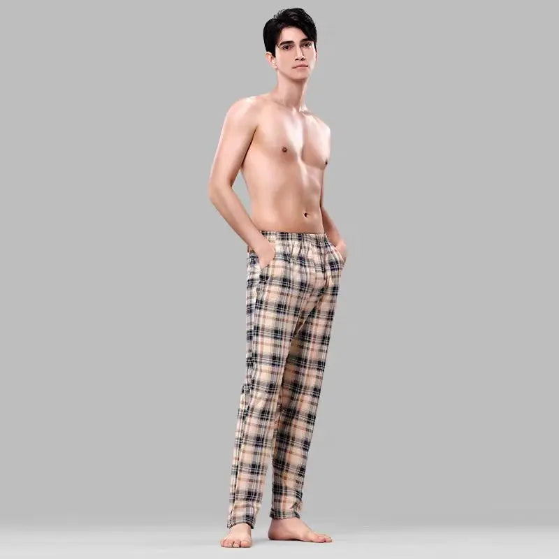 High-Waisted Cotton Men's Pajama Pants, Loose Fit, Summer Casual, Plus Size, Stylish, Thin, Home Wear Long Pants for Spring and Autumn