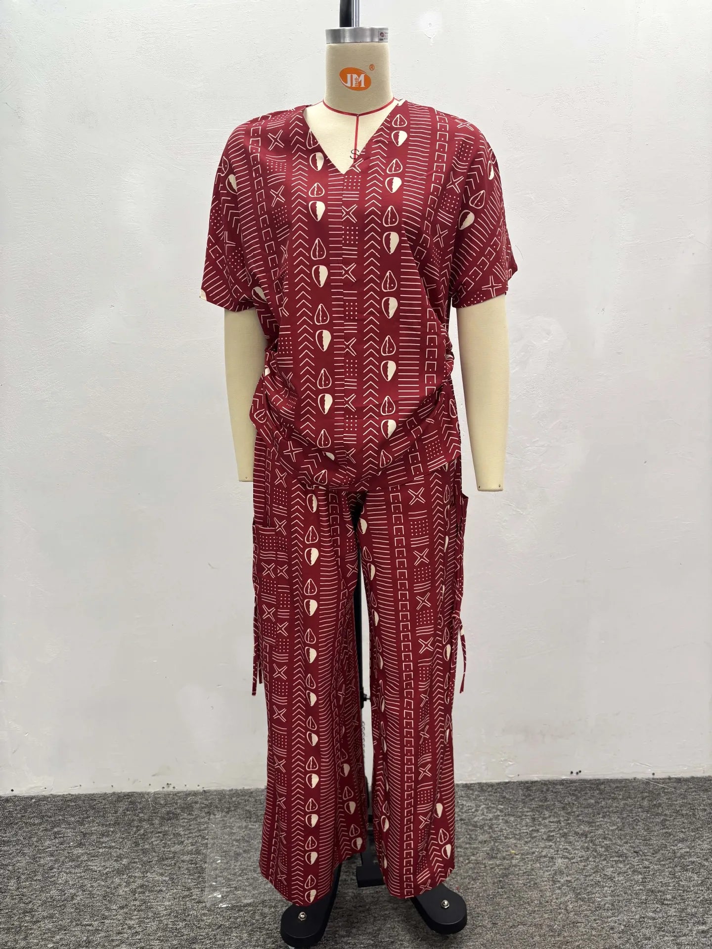 New Fashion Printed Two-piece Set Women's Loose Casual Short-sleeved Drawstring Waist Slimming V-neck Shirt Wide-leg Pants Sets