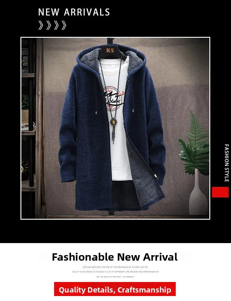 Men's Knitted Sweater Cardigan Thickened Fleece Hooded Casual Style Warm Outerwear Autumn Winter New Arrival Korean Version
